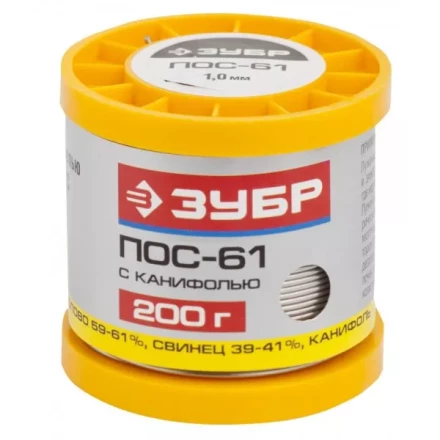 Припой ЗУБР, ПОС 61, трубка с канифолью, 200г, 1мм 55450-200-10C купить в Когалыме