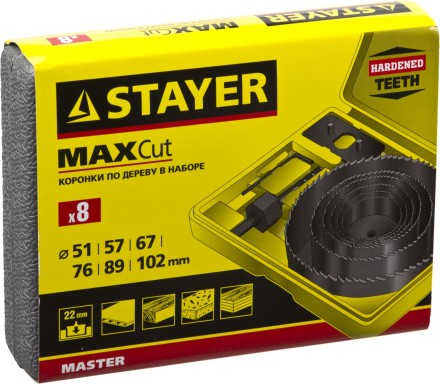 Набор кольцевых коронок по дереву STAYER &quot;MASTER&quot; Д51, 57, 67, 76, 88, 102мм. 8шт. 29600-H8 купить в Когалыме