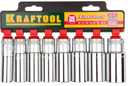 Набор KRAFTOOL &quot;EXPERT QUALITAT&quot; Торцовые головки &quot;SUPER LOCK&quot; удлин, 1/2&quot;, 16-27мм, 8 предметов 27865-H8_z01 купить в Когалыме