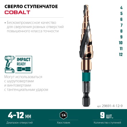Ступенчатое сверло, сталь c кобальтом, спиральная проточка, НЕХ хвостовик 29691-4-12-9 купить в Когалыме