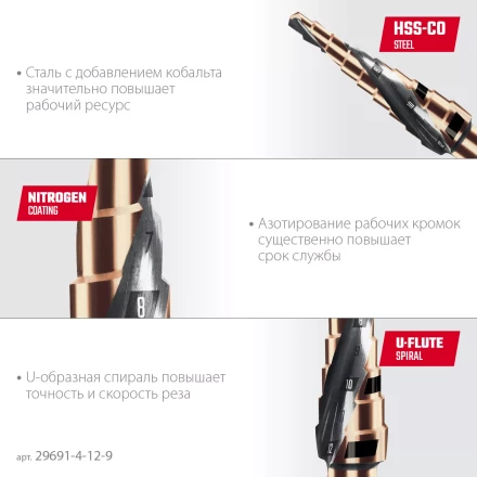 Ступенчатое сверло, сталь c кобальтом, спиральная проточка, НЕХ хвостовик 29691-4-12-9 купить в Когалыме
