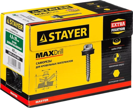 Саморезы СКД кровельные, RAL 6005 зеленый насыщенный, 29 x 4.8 мм, 400 шт, для деревянной обрешетки, STAYER 30305-48-029-6005 купить в Когалыме