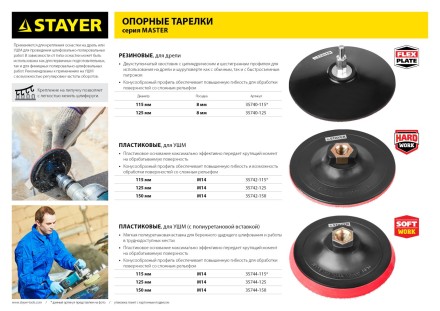 Тарелка опорная STAYER &quot;MASTER&quot; пластиковая для УШМ на липучке, полиуретановая вставка, d=125 мм, М14 35744-125 купить в Когалыме