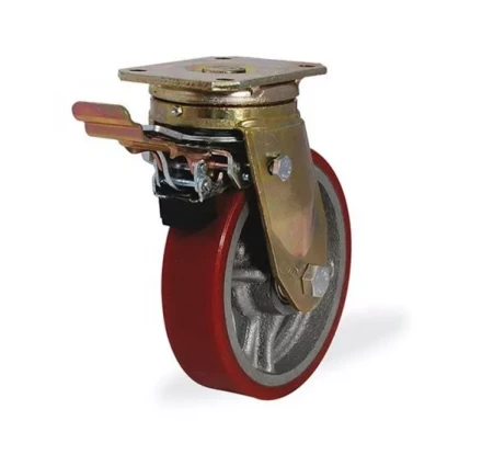 Колесо большегрузное поворотное KAMA 250 мм чугунное/полиуретан с тормозом 1026482 купить в Когалыме