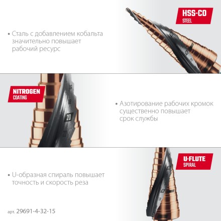 Ступенчатые сверла, сталь c кобальтом, спиральная проточка, НЕХ хвостовик 29691-4-32-15 купить в Когалыме