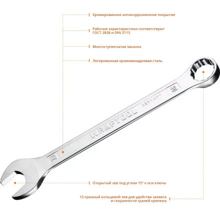 Ключ комбинированный KRAFTOOL, Cr-V, DIN 3113 27079-30 купить в Когалыме