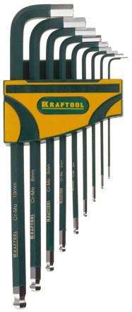 Набор ключей имбусовых KRAFTOOL &quot;INDUSTRIE&quot; длинные,шарик,Cr-Mo сталь(S2),хром покрыт с противоск напыл,HEX1,5-10мм,9шт 27445-H9 купить в Когалыме