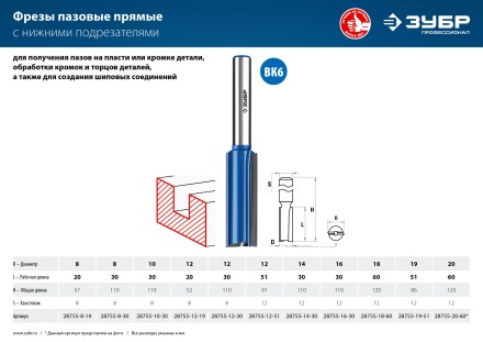 ЗУБР 8 x 30 мм, хвостовик 8 мм, фреза пазовая прямая с нижними подрезателями, Профессионал (28755-8-30) купить в Когалыме
