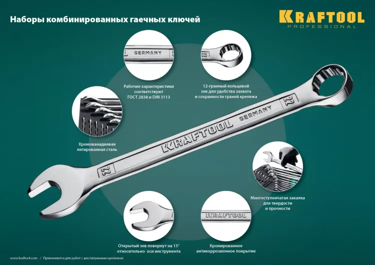 Наборы ключей комбинированных KRAFTOOL, Cr-V, DIN 3110, в EVA-ложементе 27079-H12E купить в Когалыме