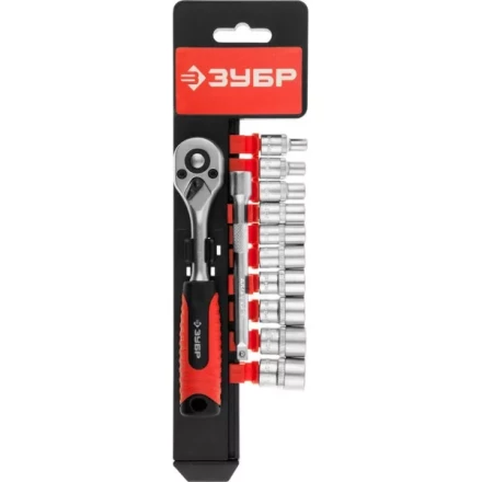 Набор ЗУБР "МАСТЕР": Торцовые головки (1/4") на пластиковом рельсе, трещотка, удлинитель, Cr-V, 4-13мм, 12 предметов 27645-H12 купить в Когалыме