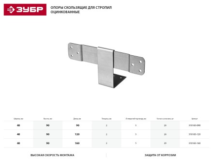 Опора ЗУБР &quot;МАСТЕР&quot; скользящая для стропил, 40х90х120мм, 20 шт 310165-120 купить в Когалыме