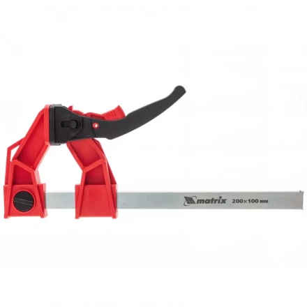 Струбцина реечная быстрозажимная усиленная пластиковый корпус рычажно-храповой механизм 200 х 100 х 351 мм штанга 5 х 22 мм Matrix 20726 купить в Когалыме