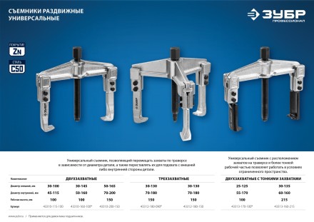 ЗУБР внешний d 50 - 165 мм, внутренний d 70 - 200 мм, раздвижной двухзахватный съемник, Профессионал (43310-200-150) купить в Когалыме