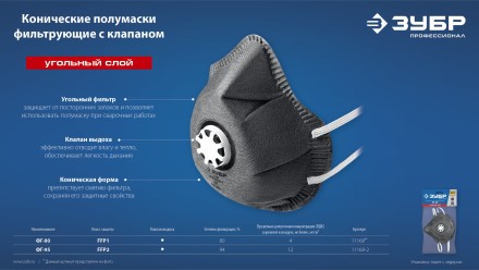 ЗУБР ФГ-95 коническая с угольным слоем, класс защиты FFP2, с клапаном выдоха, фильтрующая полумаска (11168-2) купить в Когалыме