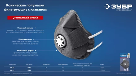 ЗУБР ФГ-95 коническая с угольным слоем, класс защиты FFP2, с клапаном выдоха, фильтрующая полумаска (11168-2) купить в Когалыме