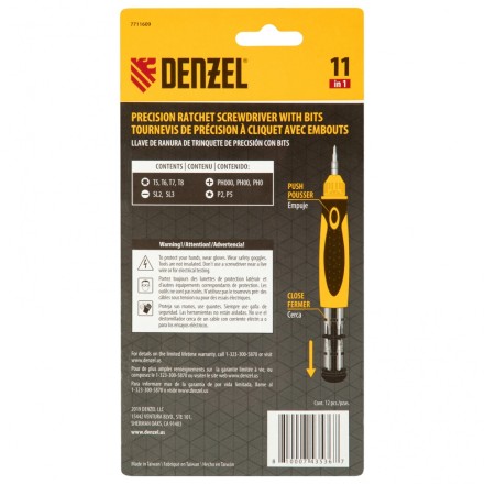 Отвертка реверсивная Denzel 7711609, механизм SmartPush mini 11 шт, CrMo купить в Когалыме