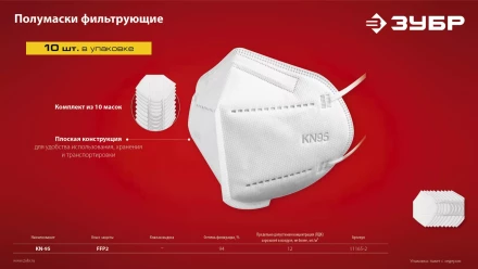 ЗУБР KN-95, класс защиты FFP2, 10 шт, фильтрующая полумаска (11165-2) купить в Когалыме