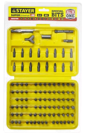 Набор STAYER "MASTER" "SUPER UNIVERSAL": Биты, полный ассортимент стандартных и специальных шлицов, адаптеры, Cr-V, 100 предметов, в боксе 2604-H100 купить в Когалыме