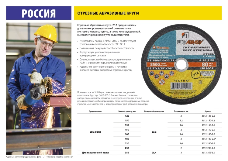 Круг отрезной по металлу, 230x2,0x22,2мм, ЛУГА 3612-230-2.0 купить в Когалыме