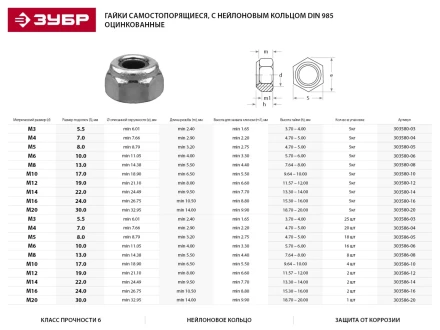 Гайка DIN 985 с нейлоновым кольцом, M10, 4 шт, кл. пр. 6, оцинкованная, ЗУБР 303586-10 купить в Когалыме