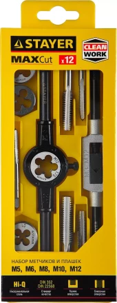 Набор метчиков и плашек STAYER "MASTER", метчикодержатель 1шт, плашкодержатель 1шт, метчики 5шт, плашки 5шт, 12 предметов 28012-H12_z01 купить в Когалыме