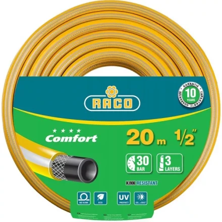 Шланг RACO "COMFORT" поливочный, 30атм., армированный, 3-х слойный, 1/2"х20м 40303-1/2-20 купить в Когалыме