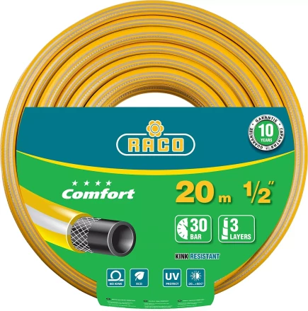 Шланг RACO "COMFORT" поливочный, 30атм., армированный, 3-х слойный, 1/2"х20м 40303-1/2-20 купить в Когалыме