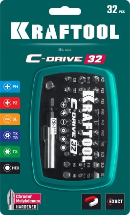 Набор бит и адаптеров KRAFTOOL C-Drive многофункциональный, Cr-Mo сталь, в ударопрочном компактном боксе. Цветная маркировка типов шлицов 26067-H32 купить в Когалыме