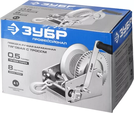 Лебедка ручная барабанная ЗУБР "ПРОФЕССИОНАЛ", тяговая, тросовая, 0,5т, 8м 43113-0.5_z01 купить в Когалыме
