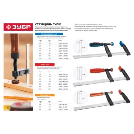 Струбцина ЗУБР "МАСТЕР", тип "F", пластмассовая ручка, стальная закаленная рейка, 50х200мм 32150-050-200 купить в Когалыме