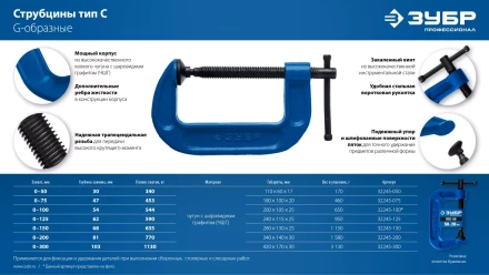 ЗУБР ПCС-50, 50 мм, чугунная струбцина тип С (G-образная), Профессионал (32245-050) купить в Когалыме
