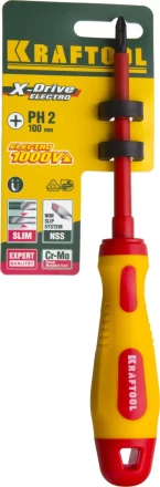 Отвертка KRAFTOOL, высоковольтная, Cr-Mo-V стержень, двухкомпонент. маслобензостойкая рукоятка, PH №2, 100мм 250084-2-100 купить в Когалыме