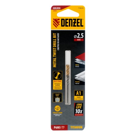 Сверло спиральное по металлу Denzel 2,5 x 57 мм, Р6М5, Golden Tip , 2шт. 718224 купить в Когалыме