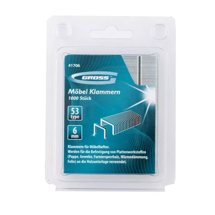 Скобы 6 мм для мебельного степлера усиленные тип 53 1000 шт GROSS 41706 купить в Когалыме