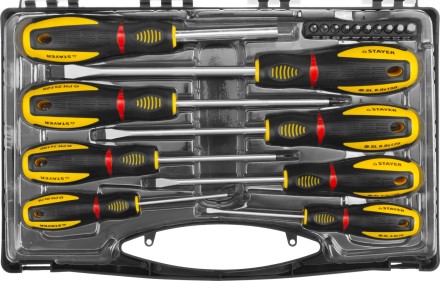 Набор STAYER &quot;PROFESSIONAL&quot; &quot;PROTech&quot;: Отвертки, Cr-Mo, двухком рукоят, отвертки 7шт, отвертка-битодержатель, биты 10шт 25133-H8_z02 купить в Когалыме