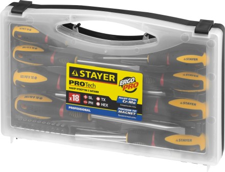 Набор STAYER &quot;PROFESSIONAL&quot; &quot;PROTech&quot;: Отвертки, Cr-Mo, двухком рукоят, отвертки 7шт, отвертка-битодержатель, биты 10шт 25133-H8_z02 купить в Когалыме