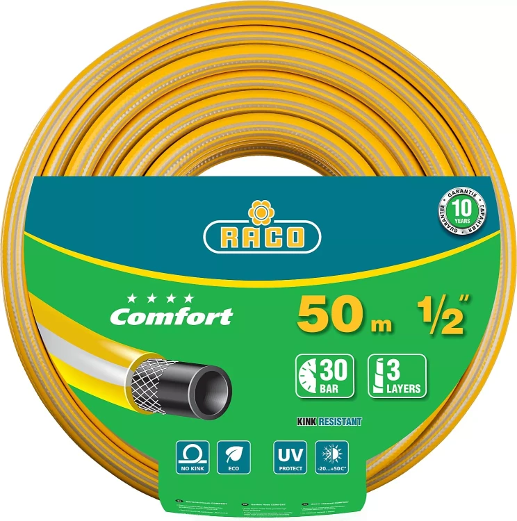 Шланг RACO "COMFORT" поливочный, 30атм., армированный, 3-х слойный, 1/2"х50м 40303-1/2-50 купить в Когалыме