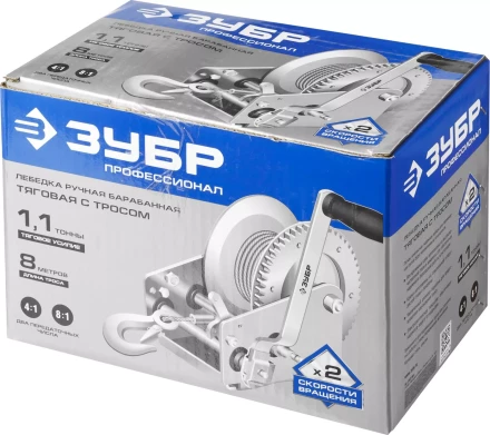 Лебедка ручная барабанная ЗУБР "ПРОФЕССИОНАЛ", тяговая, тросовая, 1,1т, 8м 43113-1.1_z01 купить в Когалыме