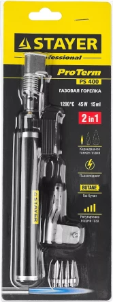 Газовая горелка STAYER "PROFESSIONAL", 2в1, пьезоподжиг, регулировка пламени, 4 насадки, 1200С 55505-H6 купить в Когалыме