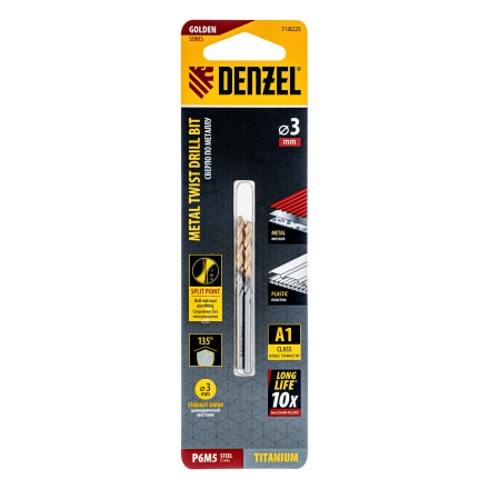 Сверло спиральное по металлу 3 x 60 мм, Р6М5, Golden Tip , 2шт. Denzel 718225 купить в Когалыме