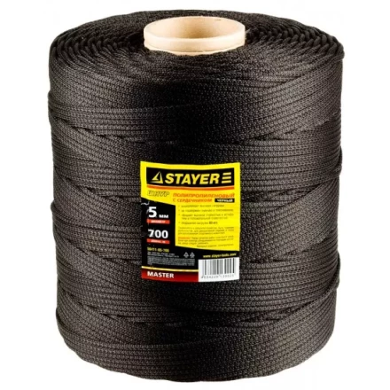 Шнур STAYER "MASTER" хозяйственно-бытовой, полипропиленовый, вязанный, с сердечником, черный, d 5, катушка 700м 50411-05-700 купить в Когалыме