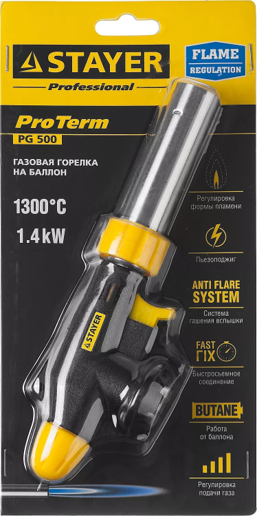 Газовая горелка "ProTerm" на баллон, STAYER "PROFESSIONAL" 55580, с пьезоподжигом, регулировка пламени, цанговое соединение, 1300С 55580 купить в Когалыме