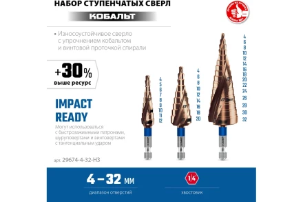 ЗУБР КОБАЛЬТ 3 шт, 4-32мм, винтовая проточка, набор ступенчатых сверл, ПРОФЕССИОНАЛ (29674-4-32-H3) купить в Когалыме