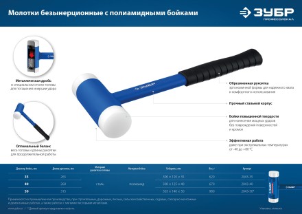ЗУБР БМП-50, 50 мм, безынерционный молоток с полиамидными бойками, Профессионал (2043-50) купить в Когалыме