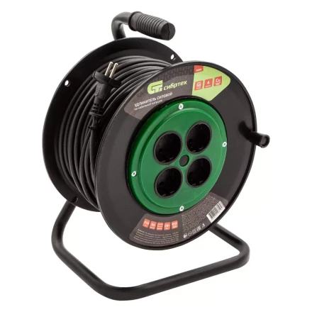 Удлинитель силовой 50 м Сибртех 95855, 10А, тип УХ10, ПВС, на кабельной катушке, 4 розетки без заземления купить в Когалыме