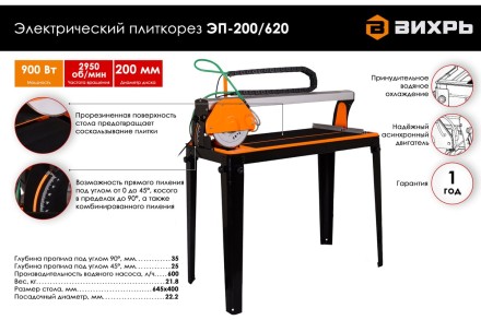 Электрический плиткорез с водяным охлаждением Вихрь ЭП-200/620 72/22/2 купить в Когалыме