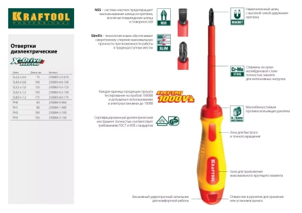 Отвертка KRAFTOOL, высоковольтная, Cr-Mo-V стержень, двухкомпонент. маслобензостойкая рукоятка, PH №1, 80мм 250084-1-080 купить в Когалыме