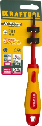 Отвертка KRAFTOOL, высоковольтная, Cr-Mo-V стержень, двухкомпонент. маслобензостойкая рукоятка, PH №1, 80мм 250084-1-080 купить в Когалыме