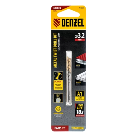 Сверло спиральное по металлу 3,2 x 65 мм, Р6М5, Golden Tip , 2шт. Denzel 718226 купить в Когалыме