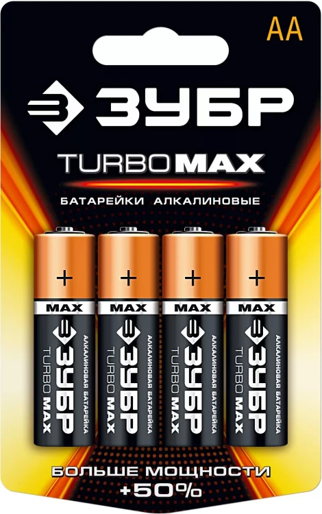 Батарейка ЗУБР "TURBO MAX" щелочная (алкалиновая), тип AA, 1,5В, 4шт на карточке 59206-4C купить в Когалыме